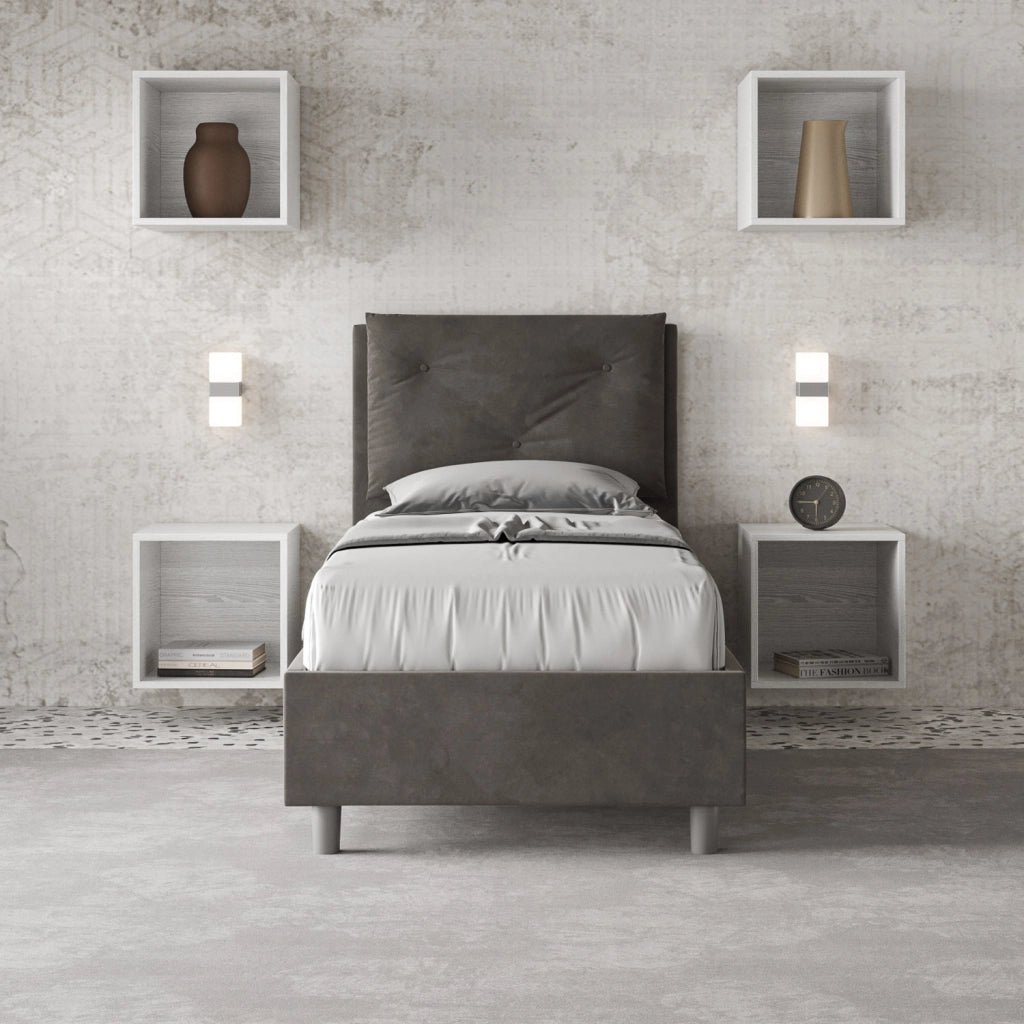 BS COM Letto singolo con rete imbottito 90x210 microfibra grigio