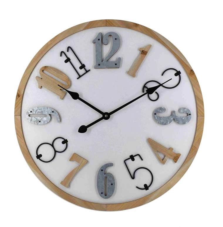 OROLOGIO DA PARETE TONDO IN LEGNO 60X5X60CM CON SIMPATICI INSERTI IN METALLO