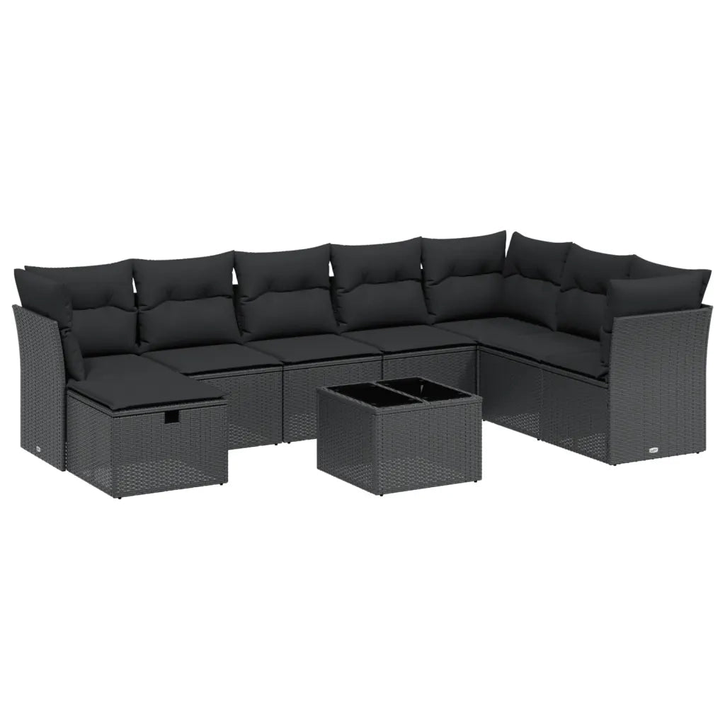 Set Divani da Giardino 9 pz con Cuscini Nero in Polyrattan