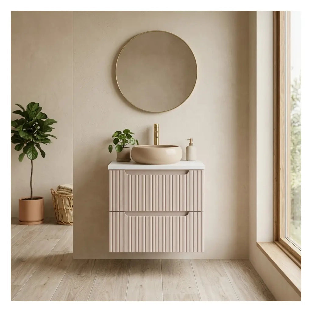 Set da bagno VANO cachemire e bianco 60cm: mobile sottolavabo con cassetti scanalati verticalmente + piano per lavabo