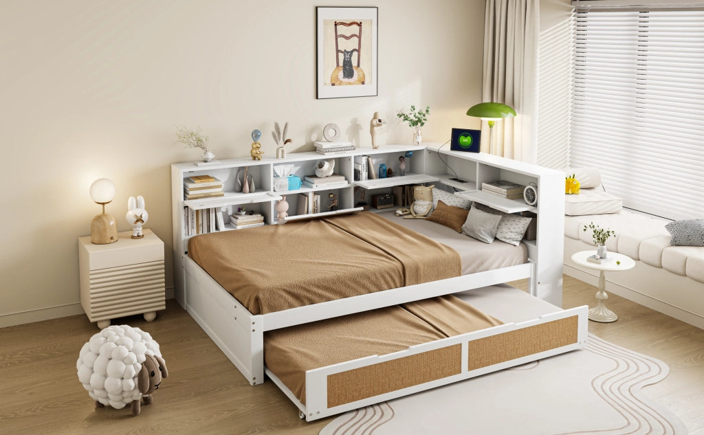 DESMIU Divano Letto 140 × 200 cm con Letto Estraibile 90 × 190 cm, prese USB, senza materasso, in legno, bianco
