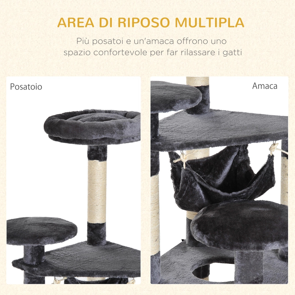 EasyComfort Albero Tiragraffi Giocattolo per Gatti a 4 Livelli con Amaca Cuccia Piattaforme in Peluche Sisal Naturale Altezza 132cm Grigio