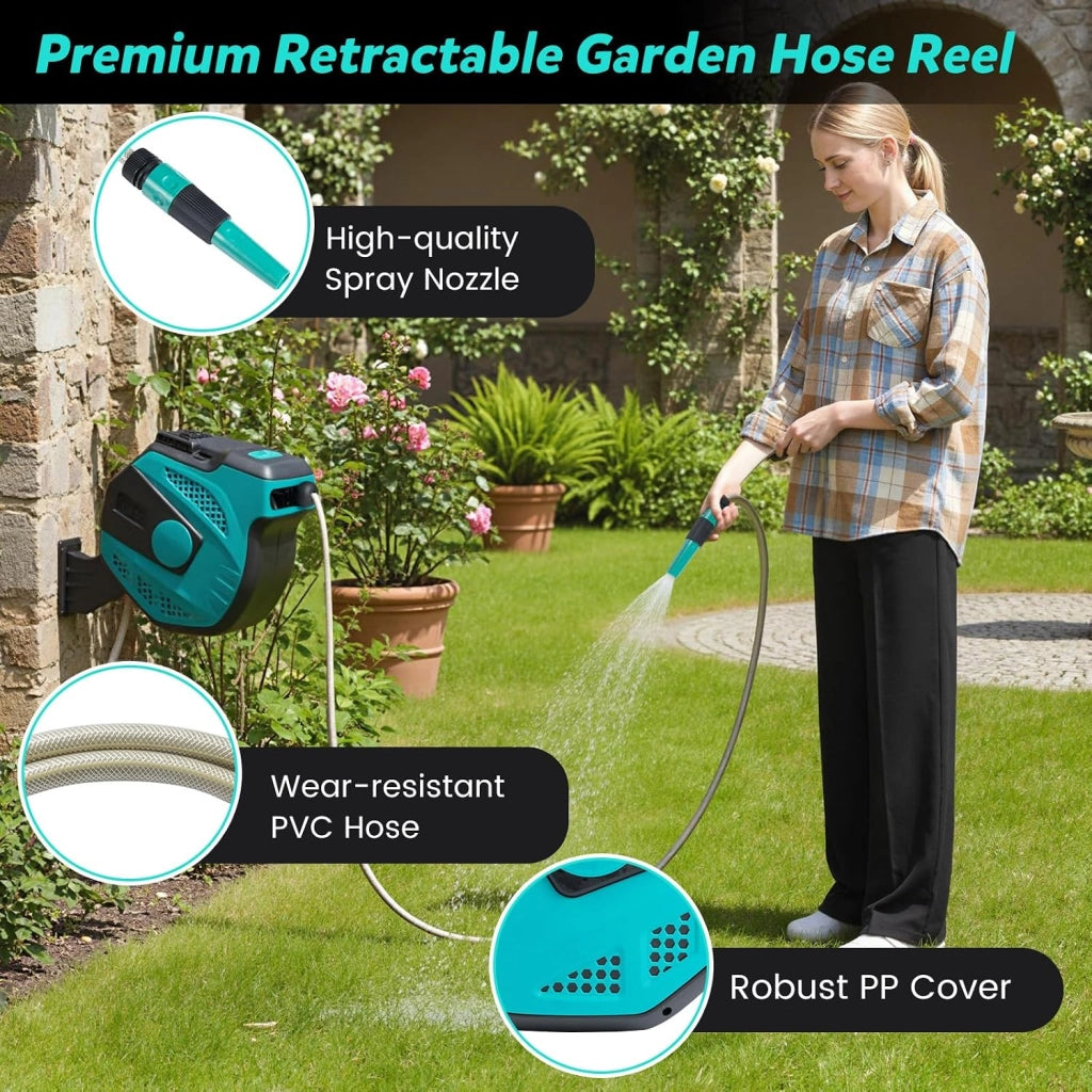 Avvolgitubo da Giardino Automatico a Muro, Tubo in PVC 20 M con Tubo di Alimentazione 2 M, Supporto Girevole a 180°, Ritorno Lento, Avvolgitubo Acqua Retrattile con Ugello Spray (20 M)