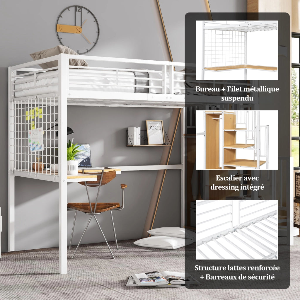 OKWISH Letto a Soppalco 90×200 cm, Letto Singolo con Scala Laterale, Scrivania e Armadio, senza Materasso, in Metallo e MDF, Bianco Naturale