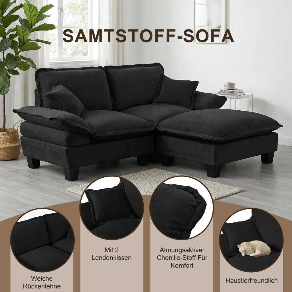 Divano modulare con vano contenitore, portabicchieri e porte USB, in ciniglia nero, 224 × 82 × 90 cm