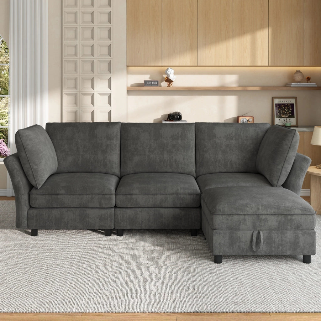 Divano modulare angolare 4 posti - con pouf contenitore e cuscini - in chenille grigio