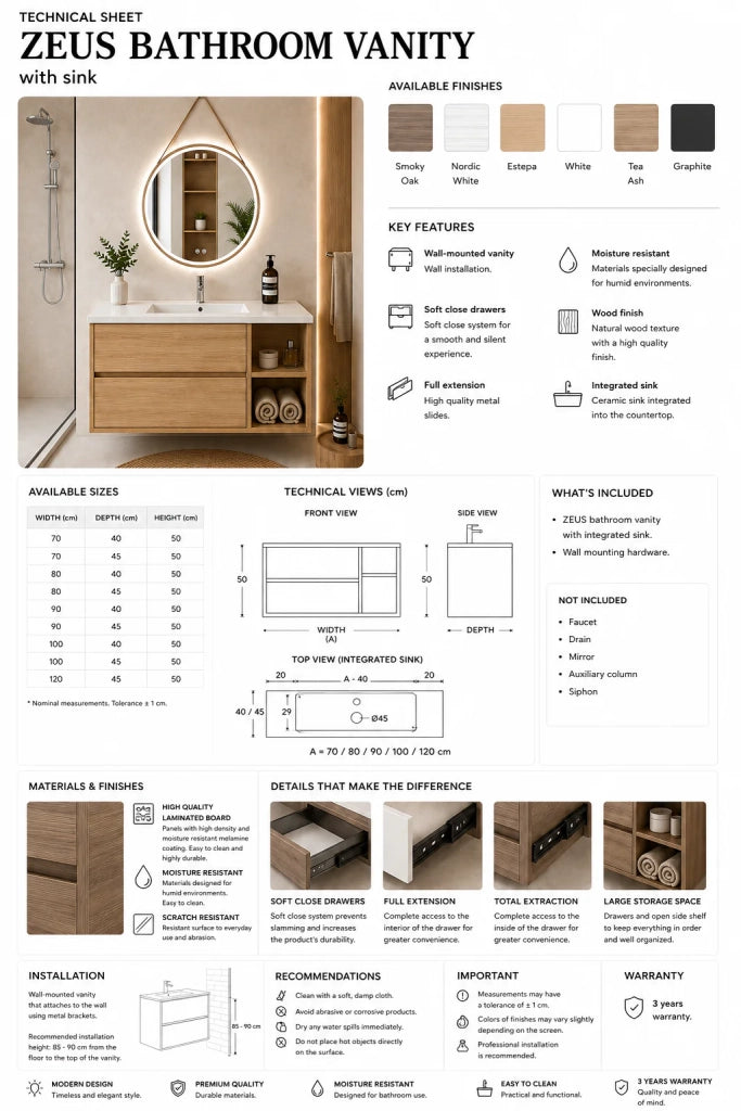 Mobile bagno con lavabo ORIGENBATH ZEUS senza specchio 70x40 cm Sinistra frassino tea