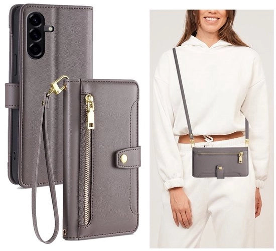 Portafoglio con cinturino e chiusura - portamonete con libretto - custodia per smartphone - custodia per smartphone compatibile con Samsung Galaxy A56 5G - custodia con cinturino da utilizzare come borsa - portafoglio per 5 carte di credito - grigio