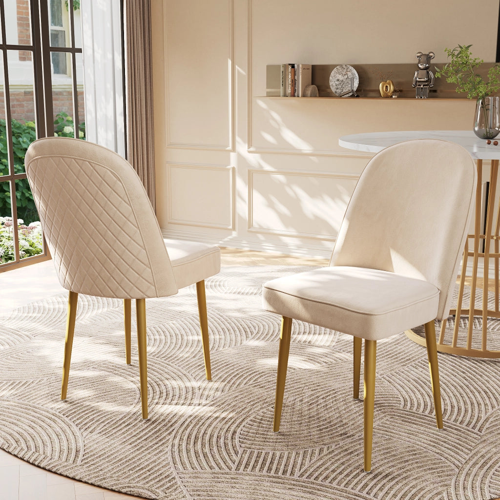 2 sedie da pranzo in velluto beige con gambe in metallo dorato, design moderno e comode