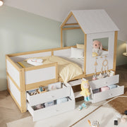 OKWISH Letto a Casetta 90×200 cm, Letto Singolo con 4 Cassetti, Scaletta e Spondine, senza Materasso, in Legno, Bianco e Naturale