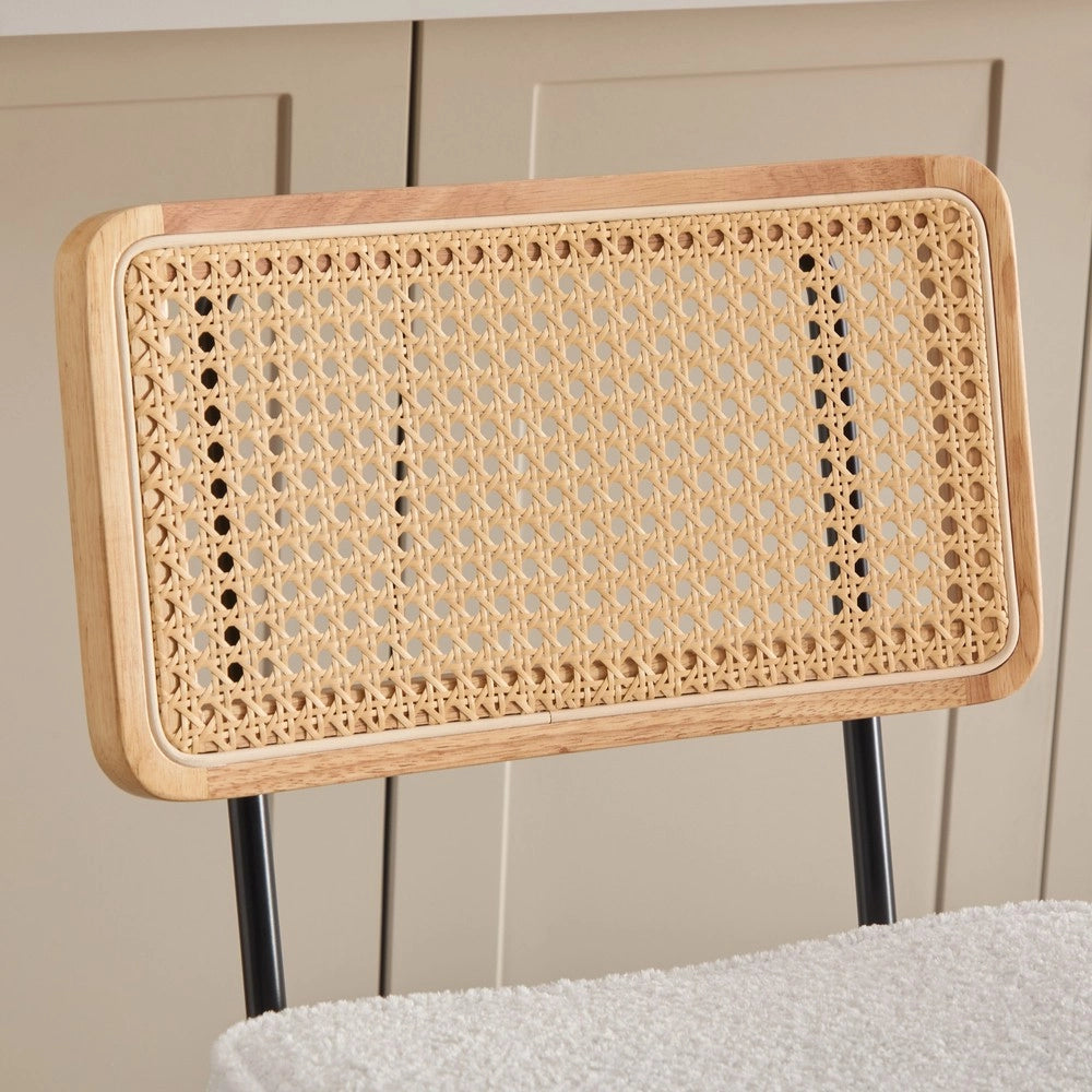 Sgabello da Bar Design ¨C MINIMAL ¨C Velluto Chenille, Schienale Rattan, Gambe Metallo, Avorio