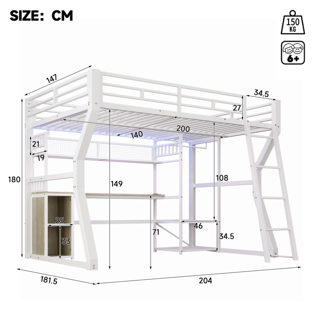 DESMIU Letto a soppalco 140 × 200 cm 1 posto con scrivania, LED, presa e vani, senza materasso, bianco