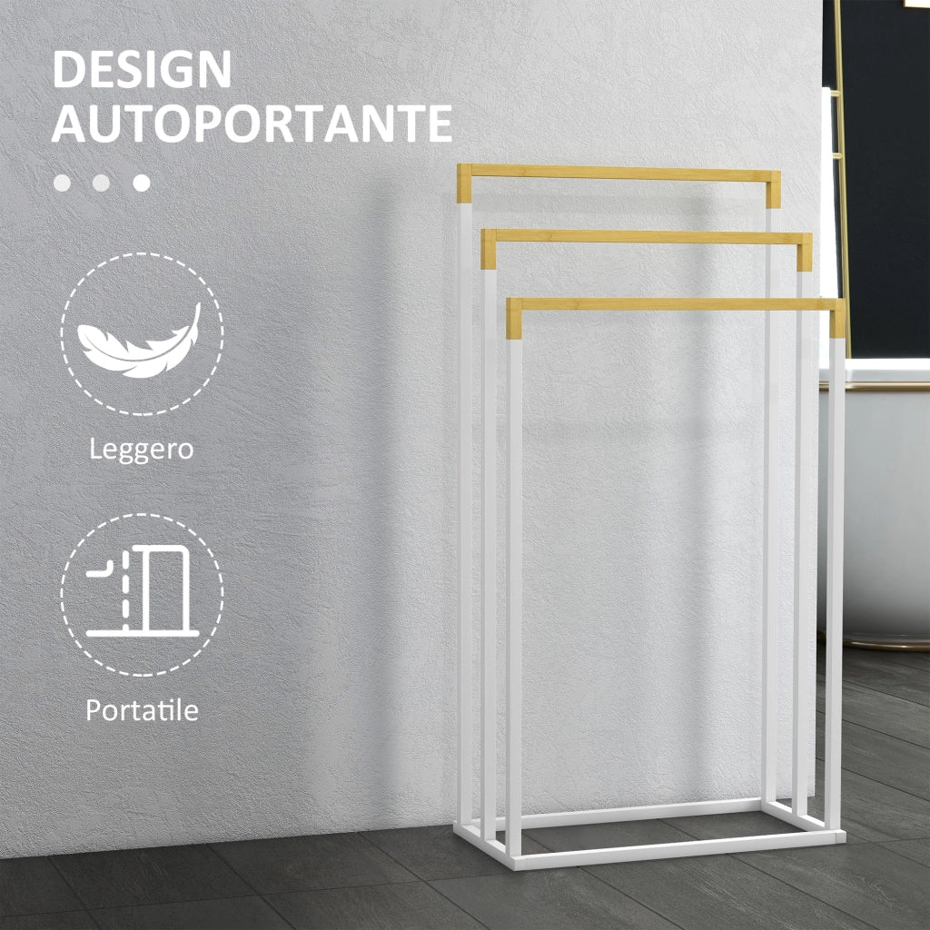 Portasciugamani Autoportante 3 Sbarre Bamb¨´ Acciaio ¨C Xylo ¨C Bianco Legno 45x22.5x86cm