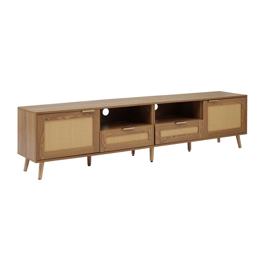 Mobile TV in truciolare effetto rovere con dettagli in rattan sintetico, 200x37x49 cm, 2 ante, 2 cassetti, gambe regolabili, montaggio facile