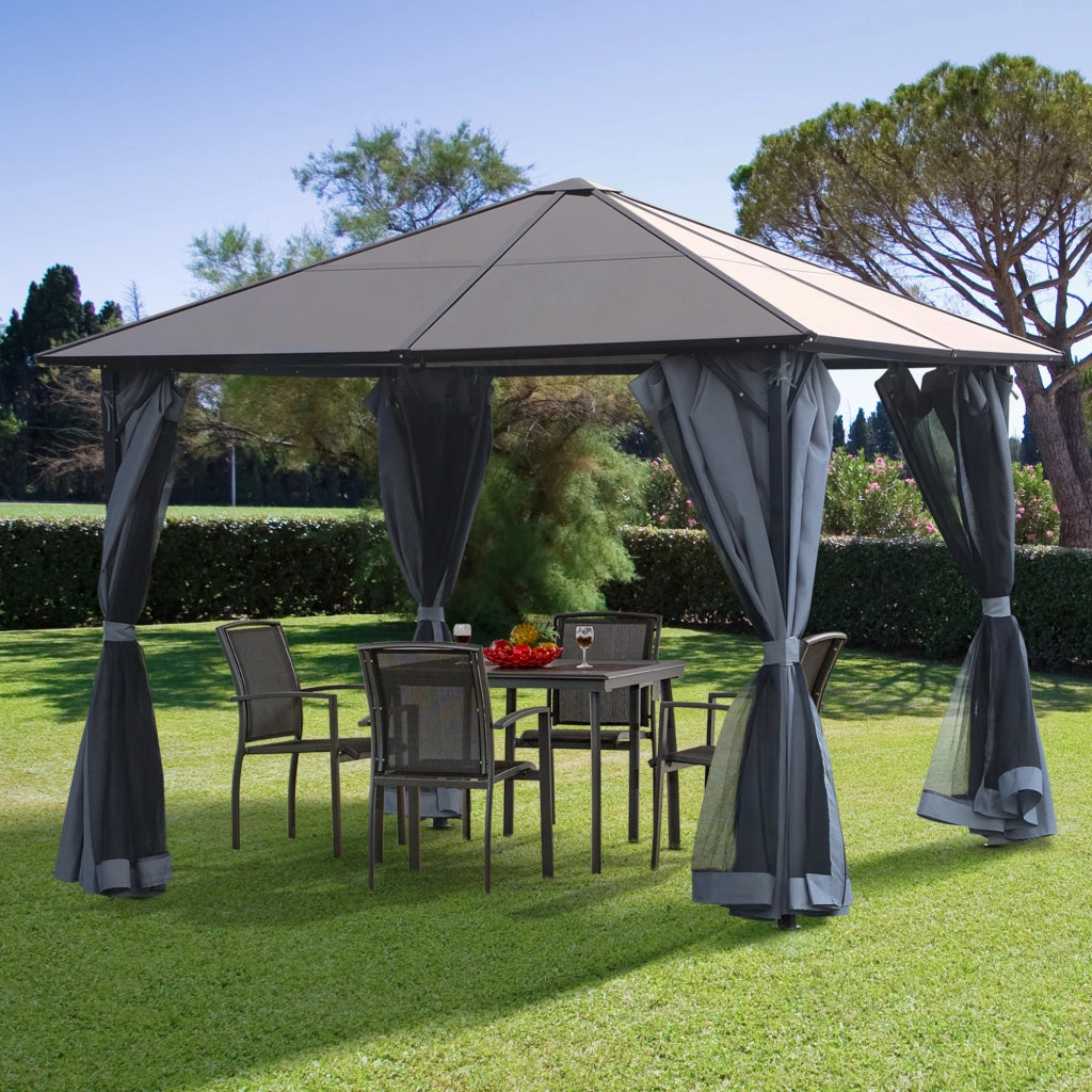 Gazebo con tetto in policarbonato e tende con zanzariera ¨C Zephmum ¨C Grigio scuro 300x300 cm