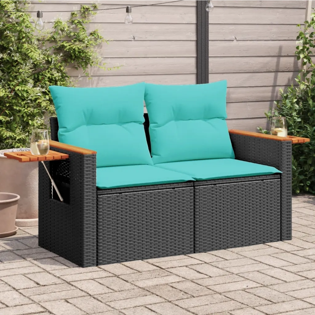 Divano da giardino con cuscini 2 posti nero in polyrattan 366036
