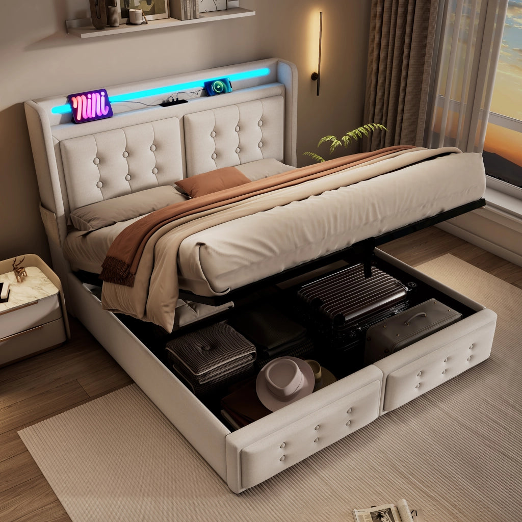 OKWISH Letto Contenitore 180×200 cm, Letto Matrimoniale con LED Regolabile, USB, Tipo C e Prese, senza Materasso, Beige