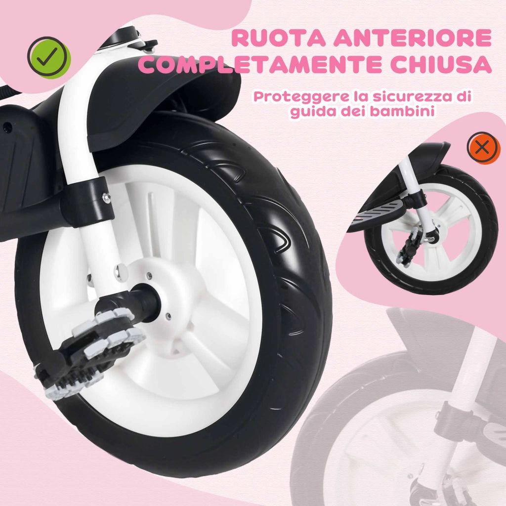 Triciclo per Bambini 1-5 Anni ¨C Xylo ¨C Bianco e Rosa con Maniglione e Tettuccio Regolabile 102x49x102 cm