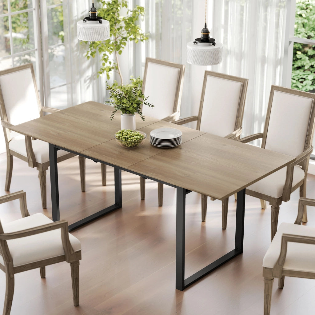 Tavolo da Pranzo Industriale per 6-8 Persone con Ribalta Rotonda. in Legno e Acciaio. 180x80x75 cm