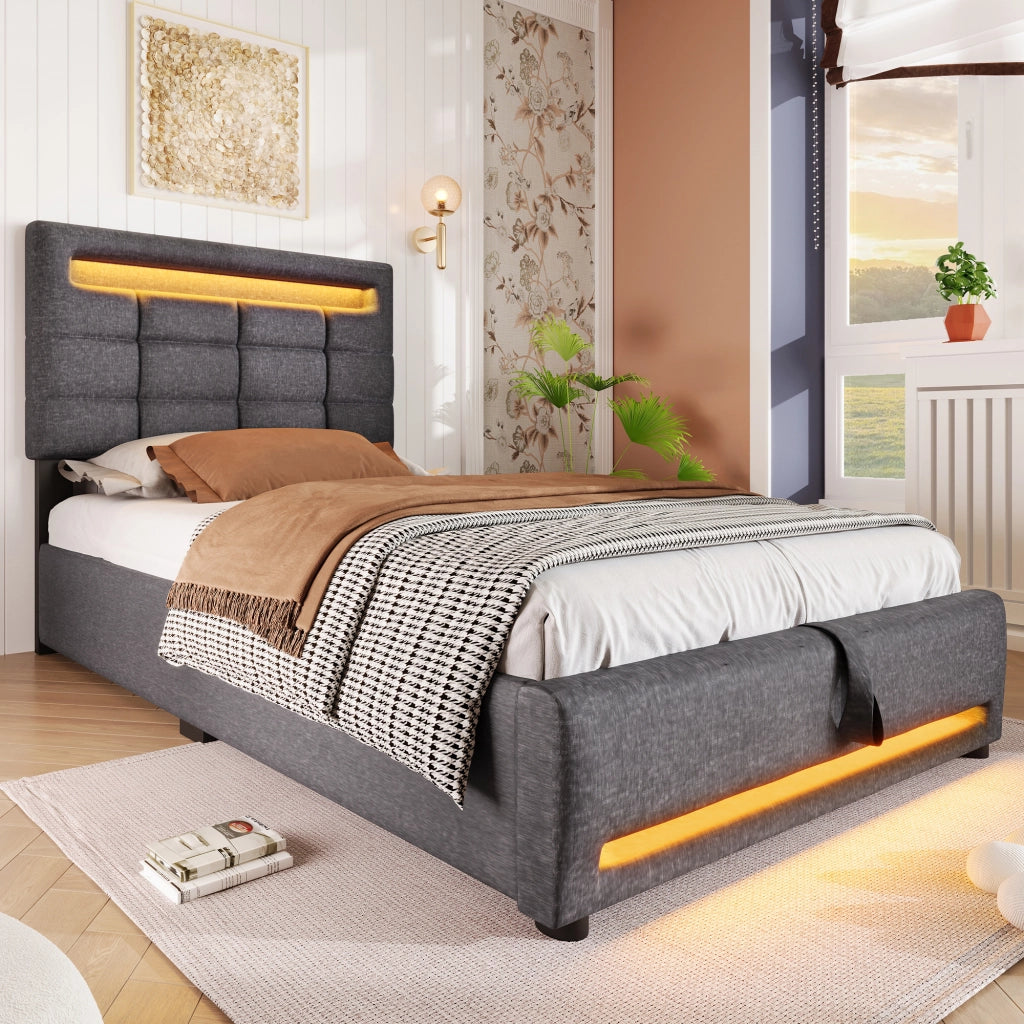 Letto singolo imbottito 90x200cm con portaoggetti a LED e idraulici in lino grigio
