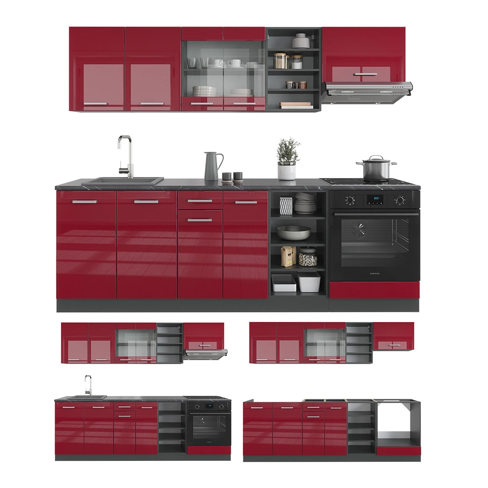Cucina componibile R-Line Rosso lucido/Antracite 240 cm, PL Rovere Vicco