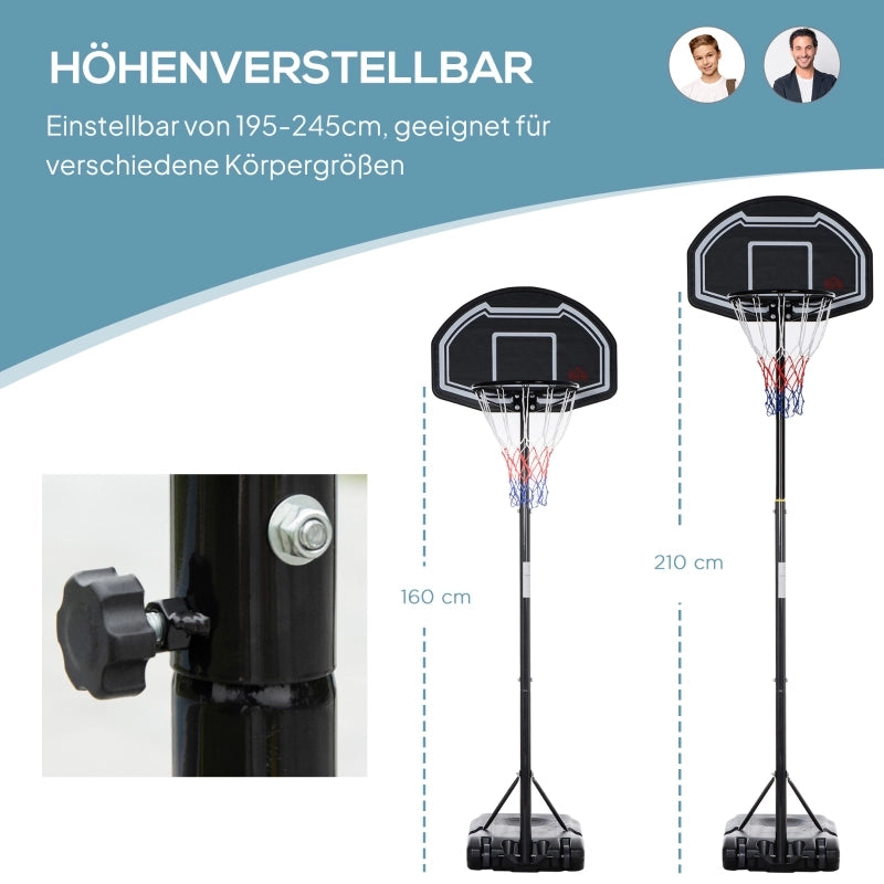 Canestro da basket da esterno per ragazzi, supporto regolabile in altezza da 160 a 210 cm con ruote.