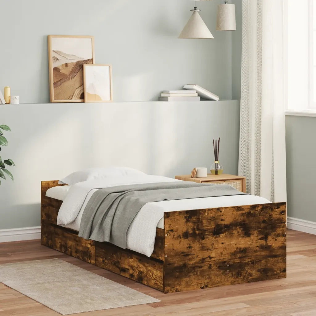 Letto singolo | Letto per adulti | Giroletto con Cassetti Rovere Fumo 100x200 cm