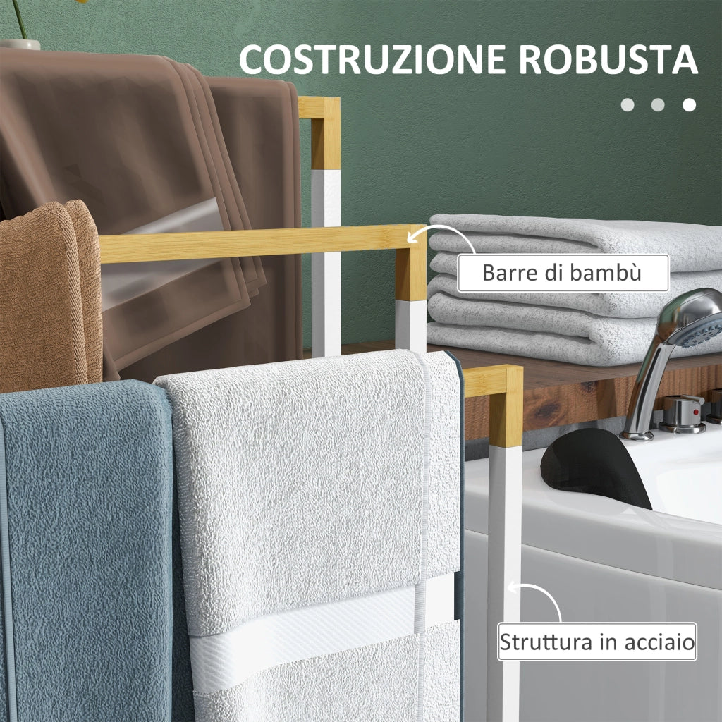 Portasciugamani Autoportante 3 Sbarre Bamb¨´ Acciaio ¨C Xylo ¨C Bianco Legno 45x22.5x86cm