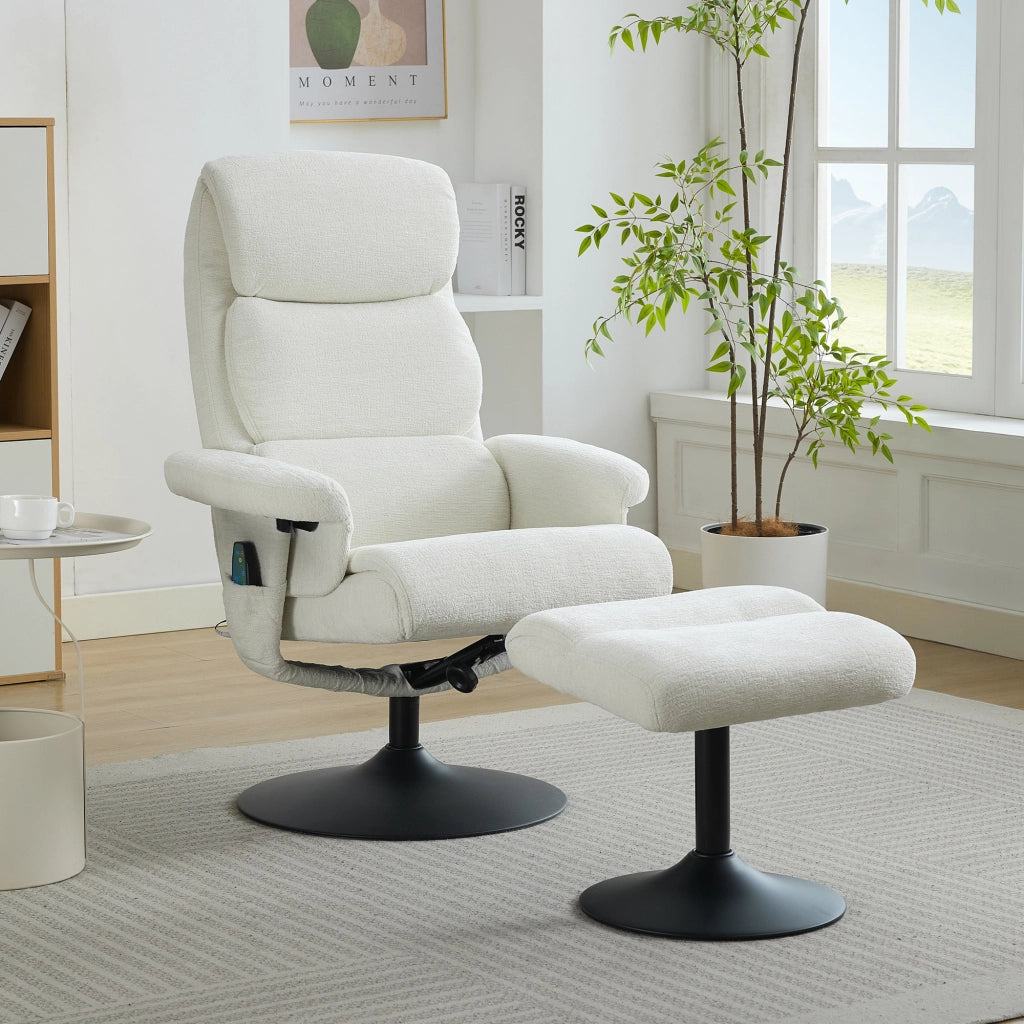 Poltrona Relax Reclinabile Massaggiante Elettrica con Poggiapiedi ¨C MINIMAL ¨C Chenille Bianco, Girevole 360¡ã