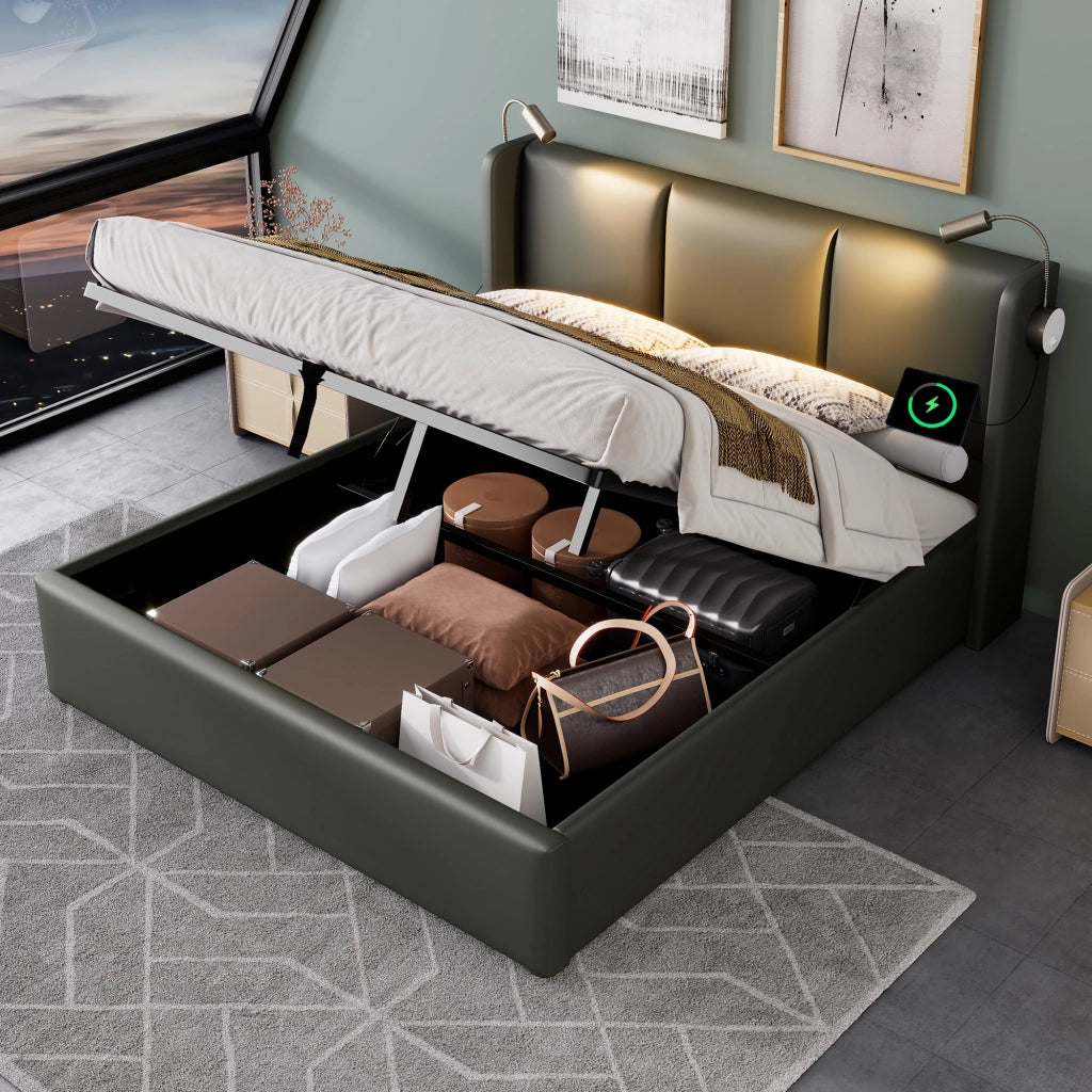 Letto Contenitore 160x200 cm con Luce da Lettura e Ricarica USB; in PU; Grigio