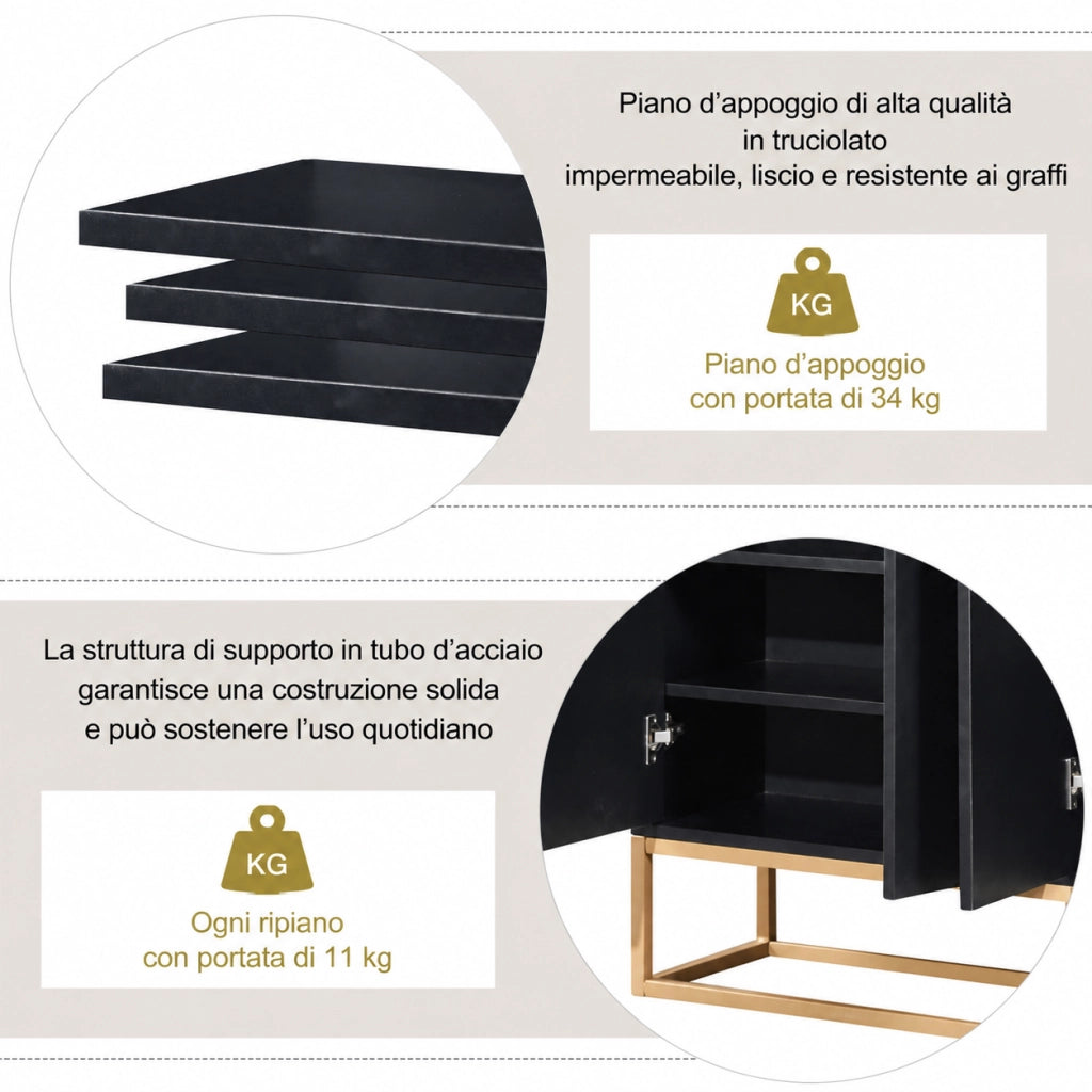 Credenza buffet 120cm nera, mobile soggiorno in pannello di particelle con base metallo oro, 4 ante push‑to‑open, ripiani regolabili, mobile da ingresso sala da pranzo