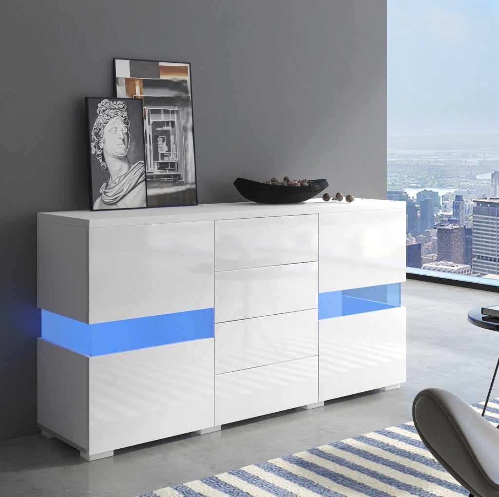 Sideboard bianco 140 cm con LED controllati da app; 2 ante in acrilico e 4 cassetti