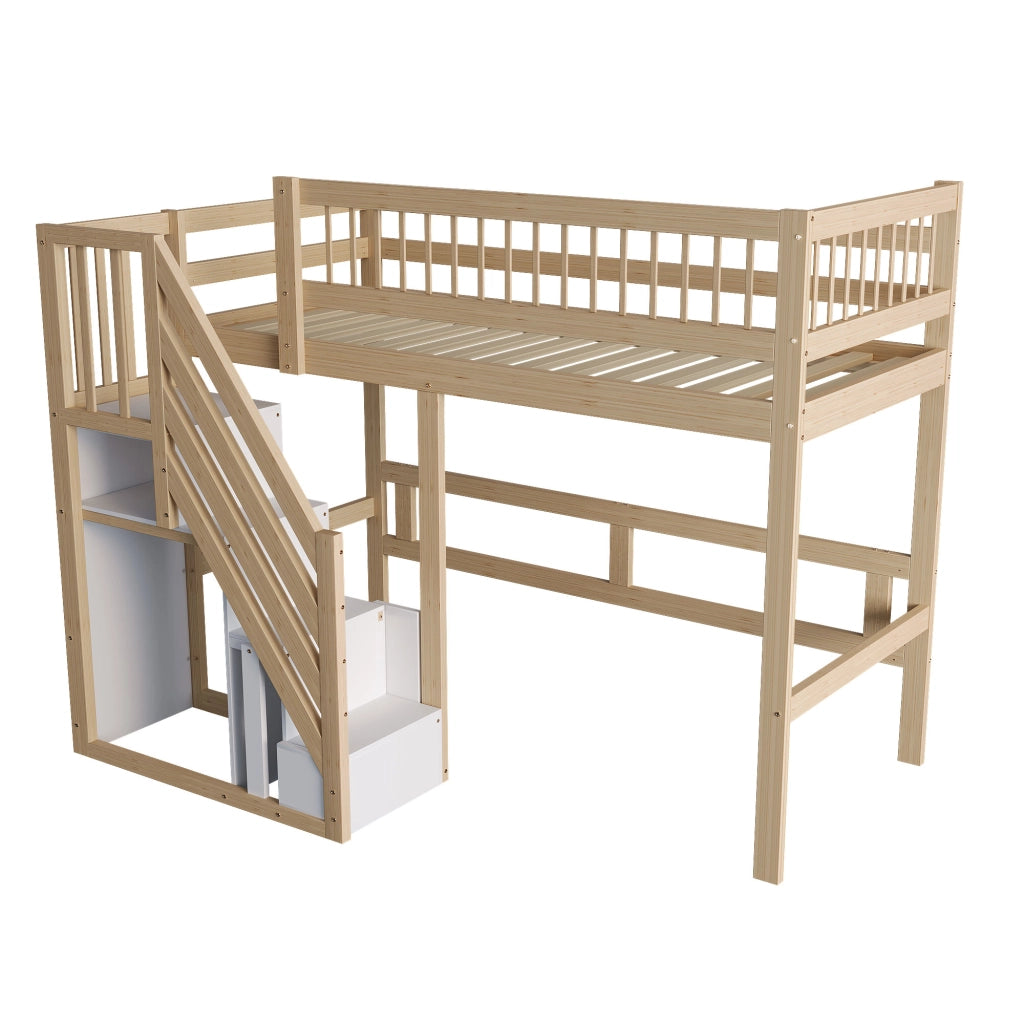 OKWISH Letto a Soppalco 90×200 cm, Letto Singolo con Scala Contenitore e Sponda, senza Materasso, in Legno, Naturale