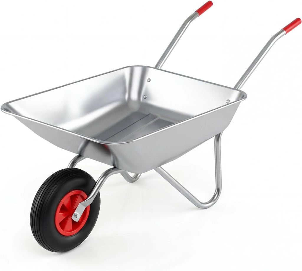 Carriola da Giardino, Carriola a Ruota Singola con 2 Manici Ergonomici e Ruota in Gomma, Capacità 62,5L 136 kg, Acciaio Zincato, per Giardinaggio, Costruzioni e Trasporto, 133 x 60 x 64 cm
