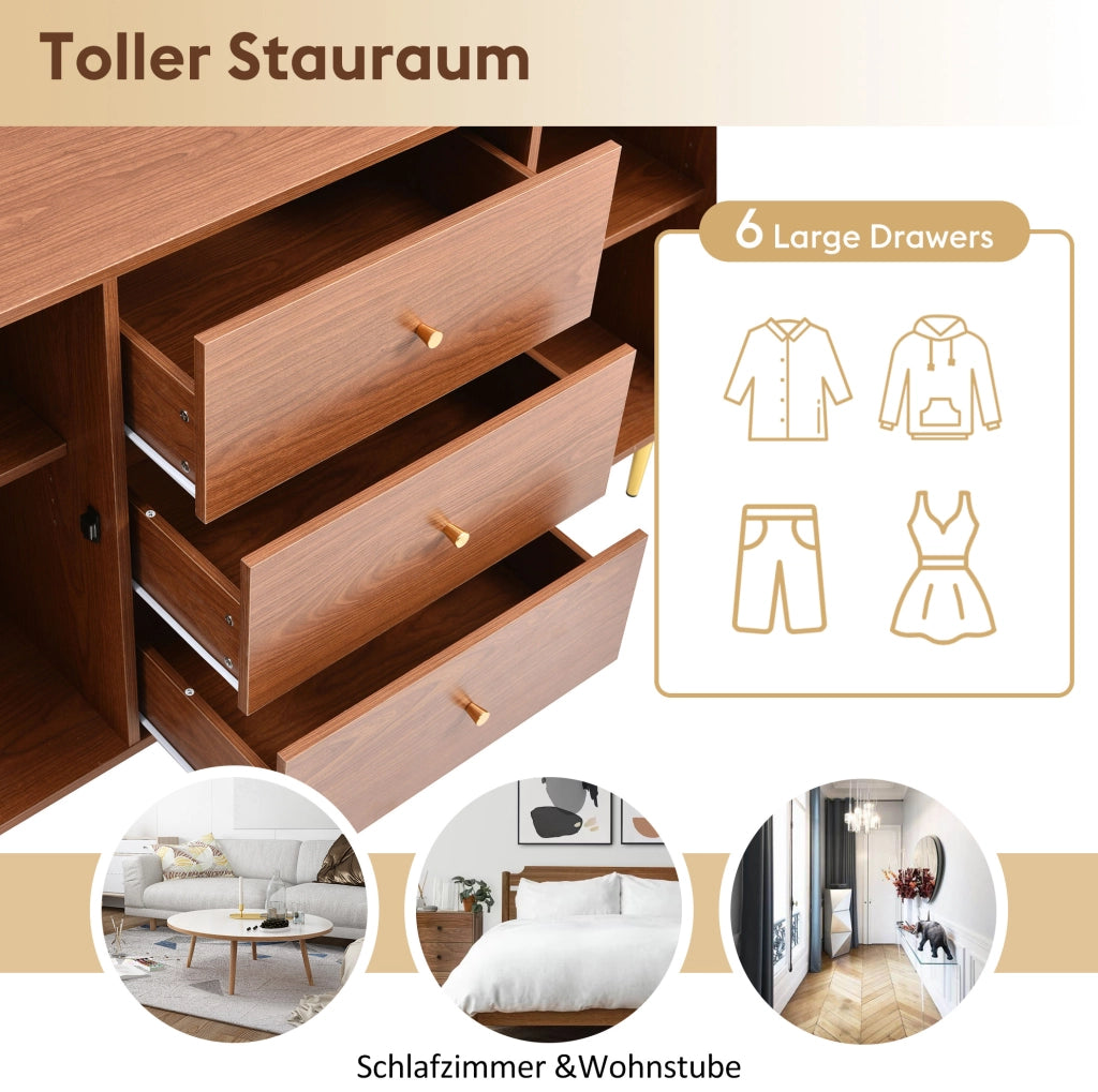 Comò con 3 cassetti e 2 ante; colore noce; 150x40x90 cm; in MDF; truciolare e metallo