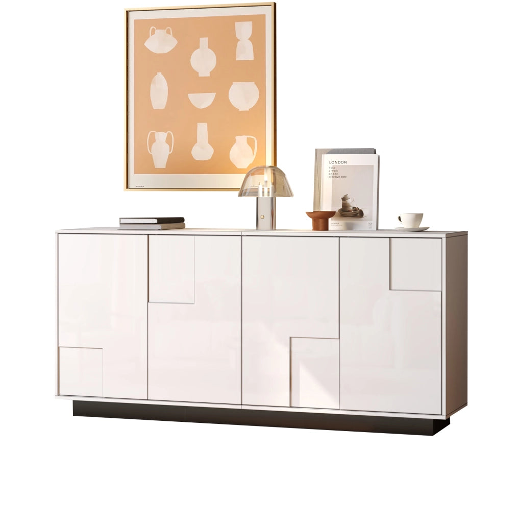 Sideboard da soggiorno 160x37x75;5 cm con 4 ante; bianco lucido e base nera