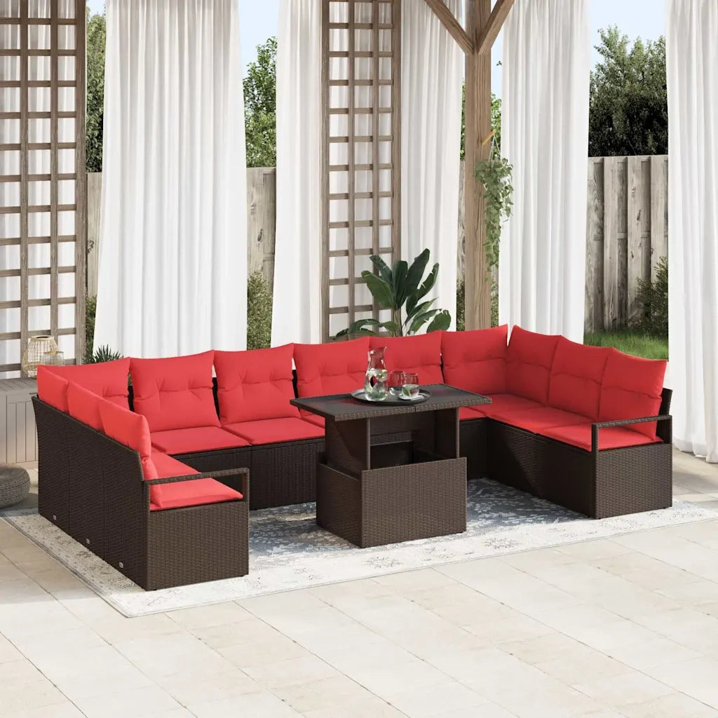 Set Divano da Giardino 11 pcs Marrone e Rosso polyrattan 3348900
