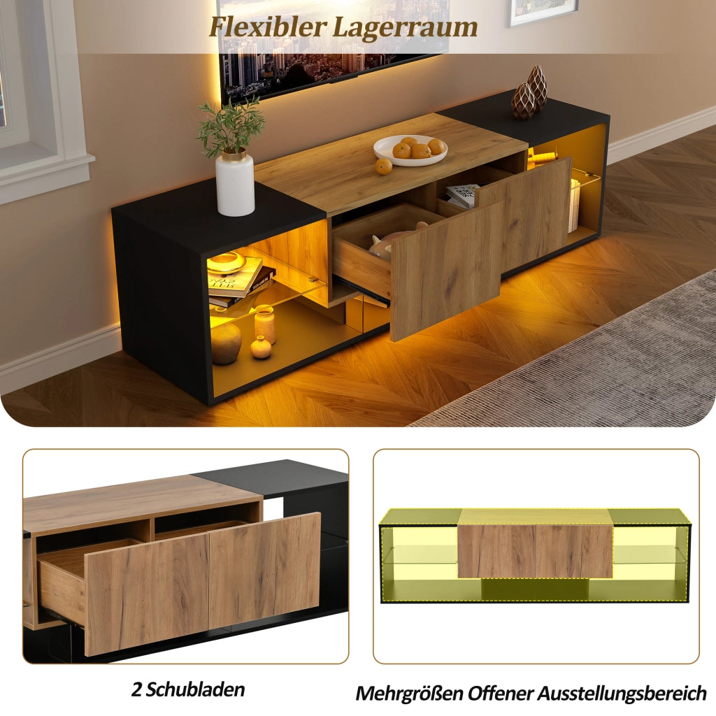 MOBILE TV con LED 160x40x42 cm Nero e effetto legno con 2 cassetti
