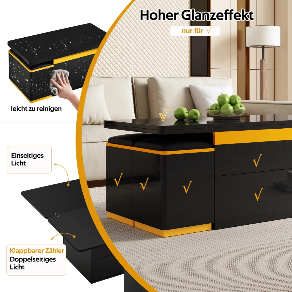 Tavolino da Salotto Sollevabile con 4 Pouf e Contenitore per Soggiorno 100 × 50 × 43 cm