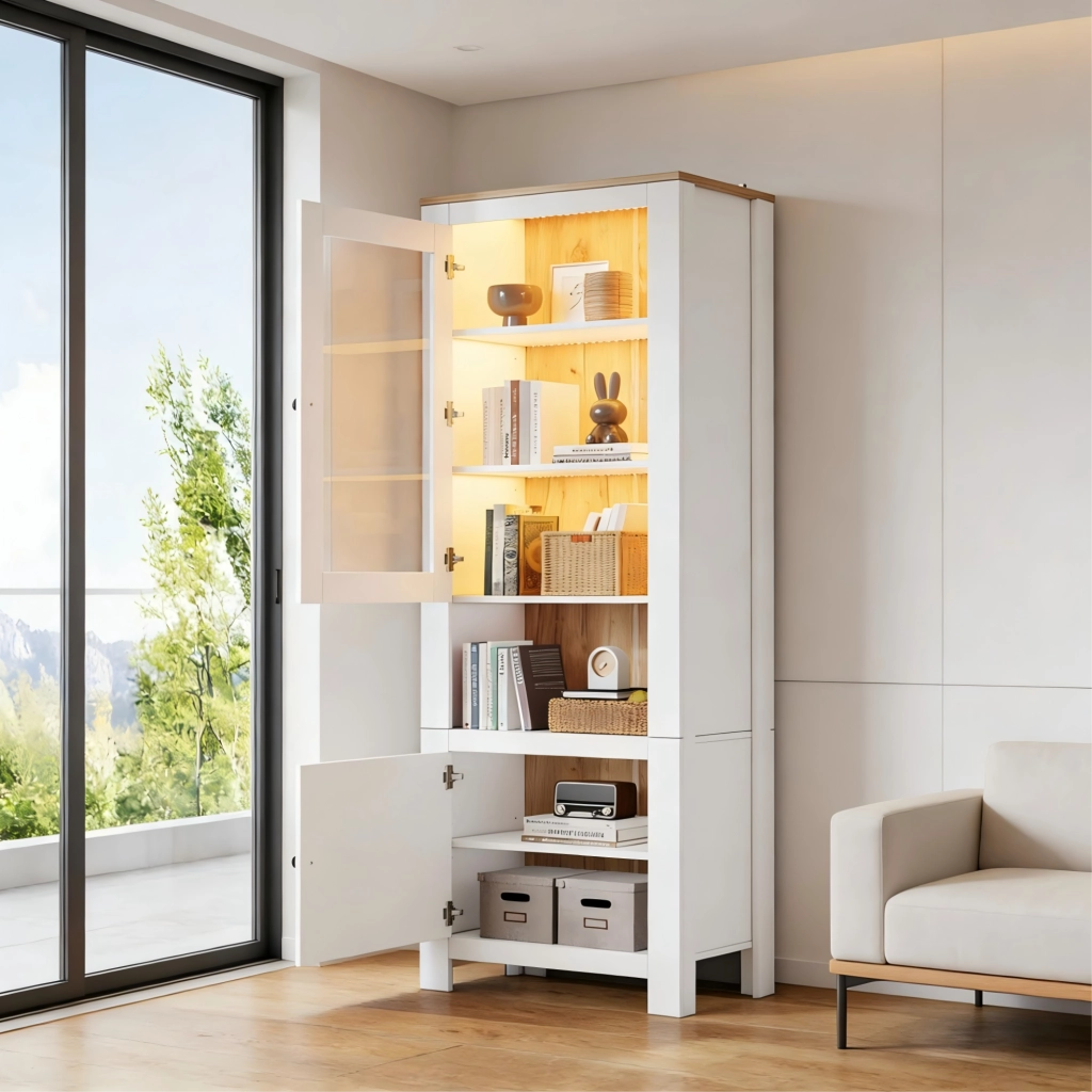 Vetrina 70x40x188 cm con 2 ante; LED e ripiani regolabili in truciolare e vetro bianco