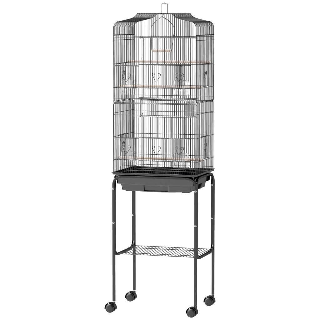 Gabbia per uccelli voliera con ruote tetto apribile 3 posatoi ¨C zephmum ¨C nero 46.5x36x157cm