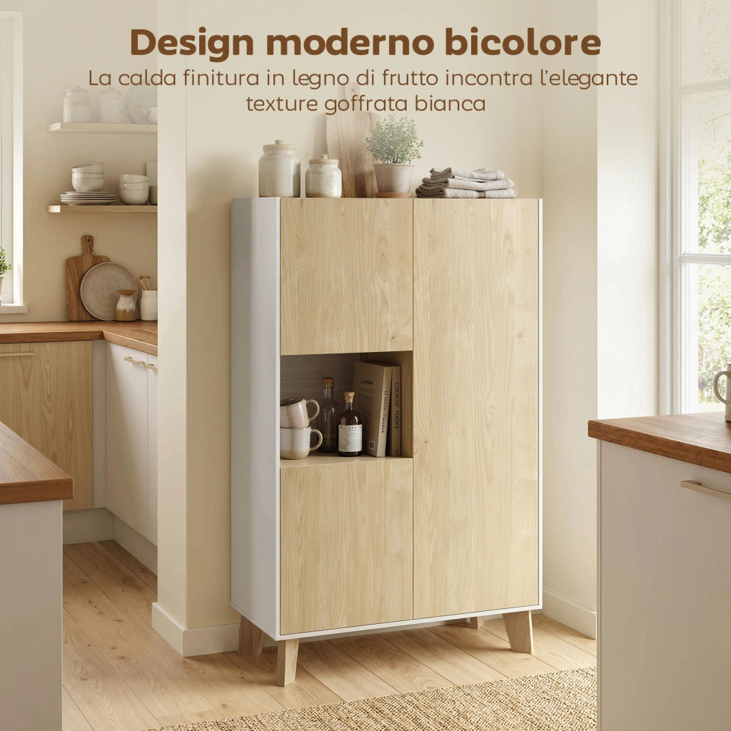 Credenza da Cucina 80x40x135 cm con 6 Scomparti Ante Soft Close in MDF Bianco e Legno