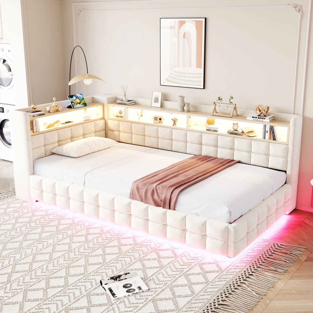 Letto Contenitore Letto Singolo 90x200 cm con USB; Type-C; LED e Mensole Beige