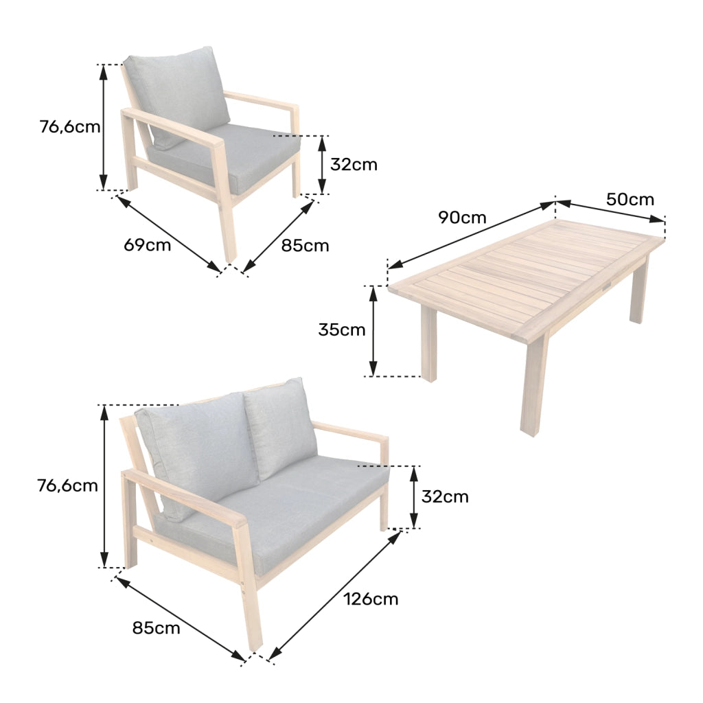 Set di mobili da giardino in acacia GILI 4 posti - cuscini grigi