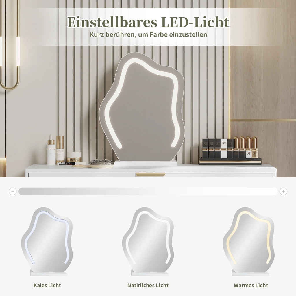 OKWISH Toeletta con 2 Cassetti, Specchio LED 3 Modalità e Mobile Laterale Scorrevole, per Camera, Pannelli, Bianco, 100×40×78 cm