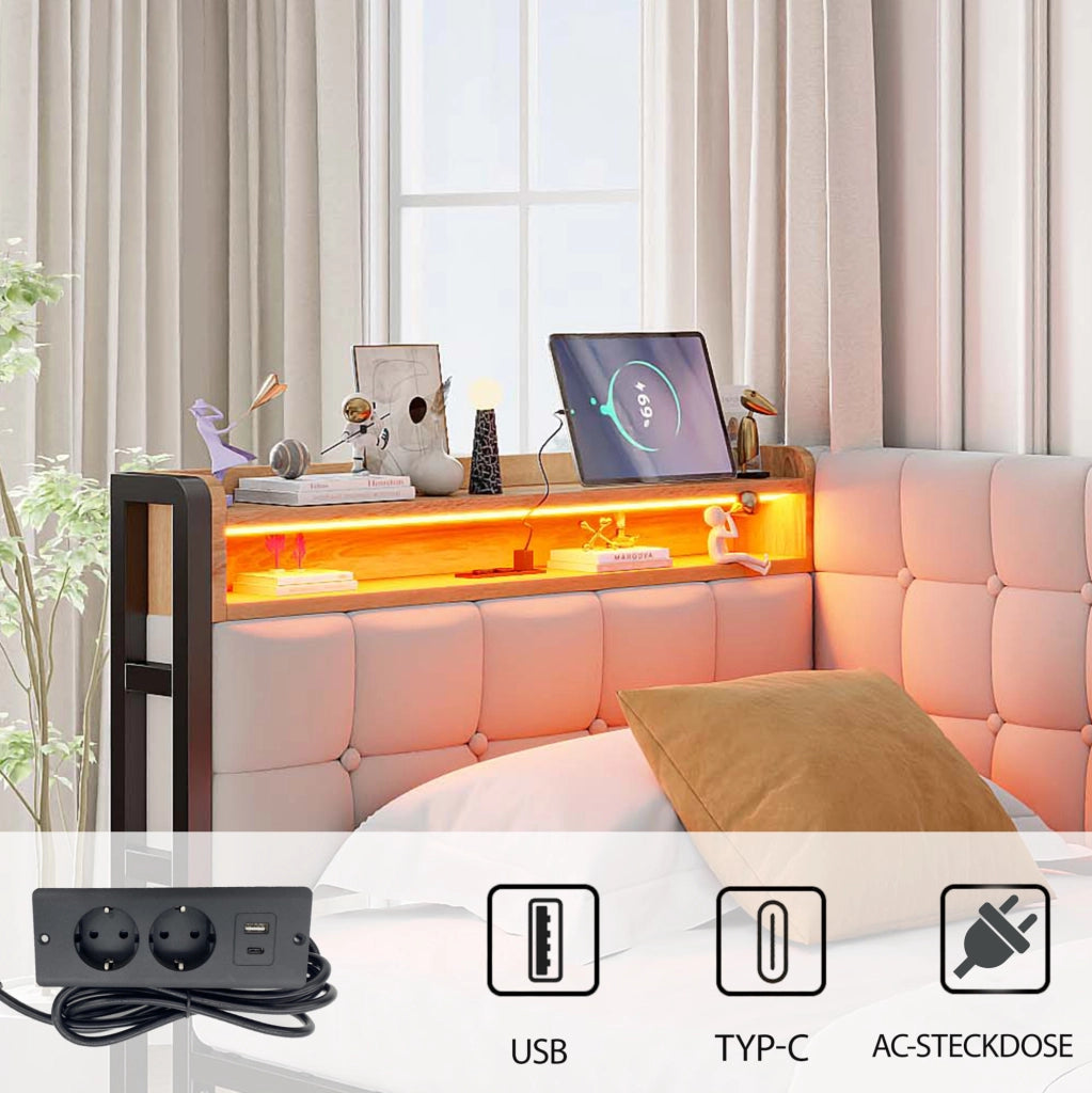 Divano letto imbottito 90x200 cm beige con 2 cassetti; LED; USB e porta Type-C