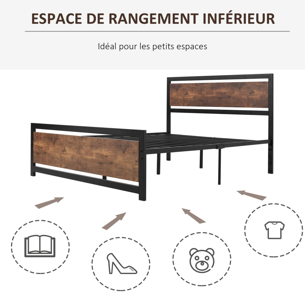 Letto matrimoniale in metallo con testiera e rete a doghe ¨C Xylo ¨C 140x190 cm effetto legno scuro