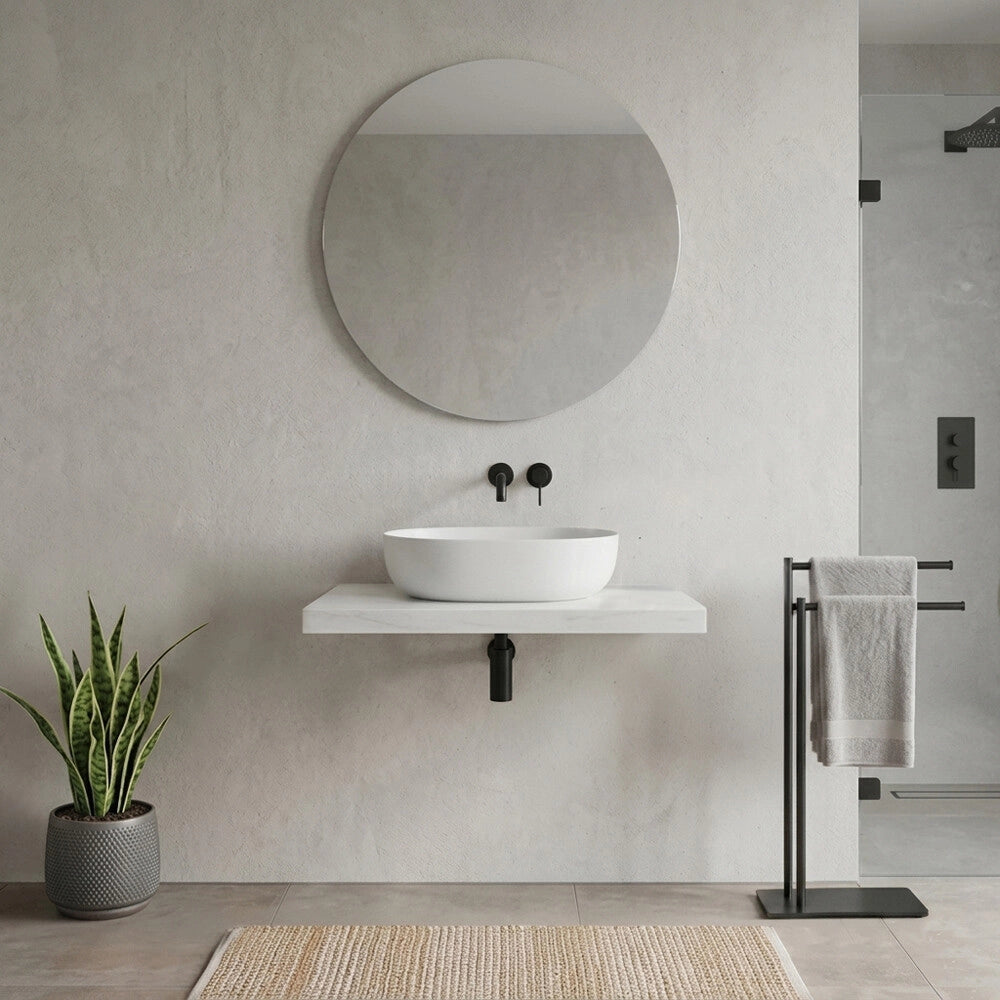 Mensolone bagno 80 cm in legno effetto marmo bianco carrara Levia