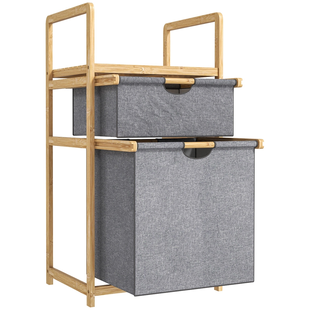 Cestino per il bucato in bamb¨´ con 2 sacchetti in tessuto scorrevoli e ripiano a doghe ¨C Minimal ¨C naturale