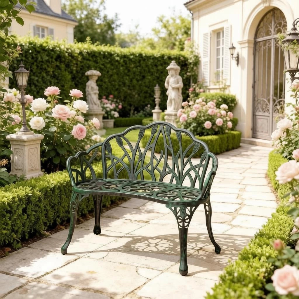 Elegante panchina, panchina da giardino con schienale decorativo, romantica panchina da parco (solo panchina da parco)